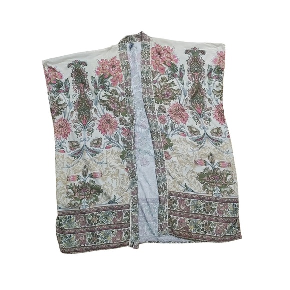 Anthropologie x Bl^nk Floral Kimono Duster Cream Pink‎ Green One Size Viscose - Picture 7 of 10